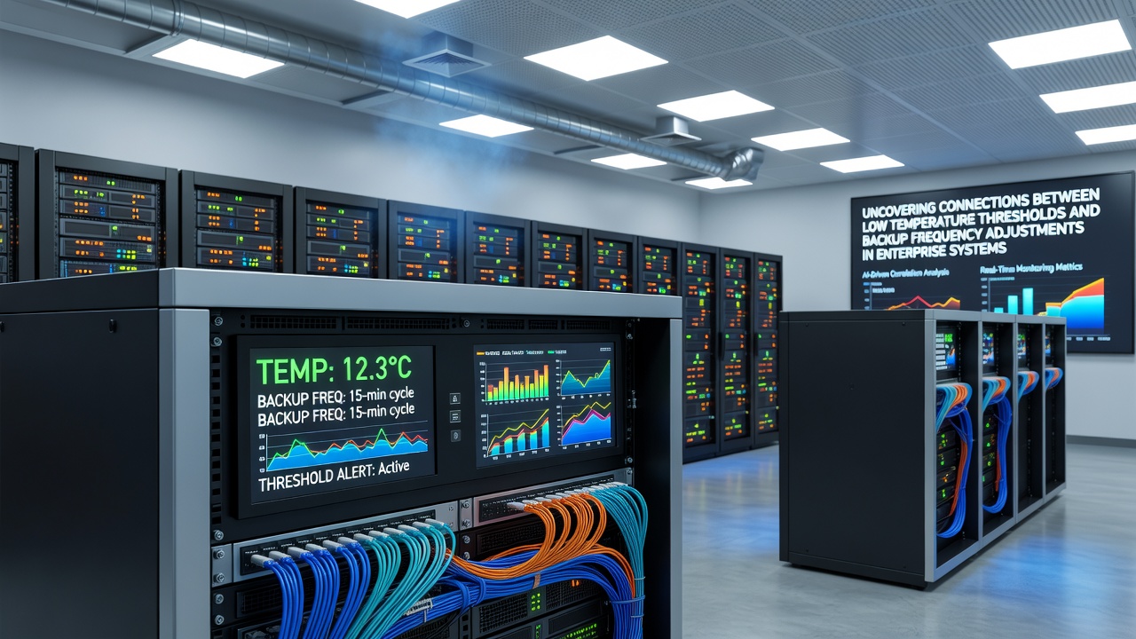 Technical diagram illustrating temperature sensor integration with enterprise backup scheduling software in a server environment